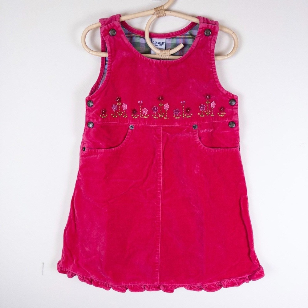 OshKosh B'gosh Velvet Jumper Dress Kids 4 Pink Floral Embroidered Ruffle